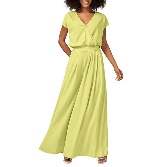 Halara NWT Lime Green V-neck Short Sleeve Pleated Wide Leg Jumpsuit Pockets - Picture 1 of 16